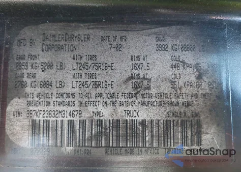 2002 Dodge Ram 2500 St z USA, uszkodzony, nr VIN 3B7KF23632M314678